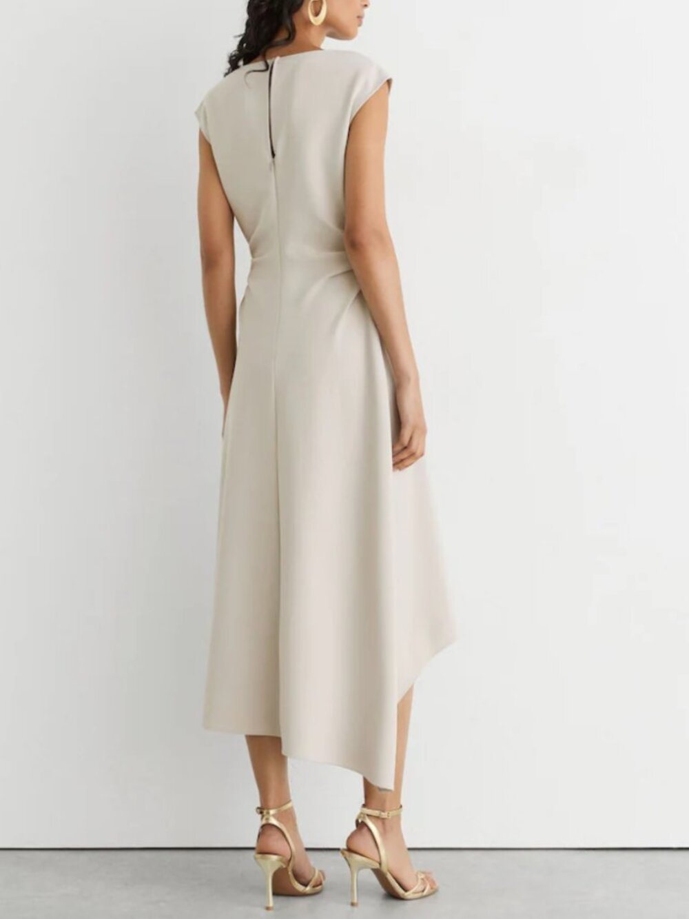 REISS Camilla Midi Dress Stone Neutral Gathered-Detail Draped - Picture 2 of 6